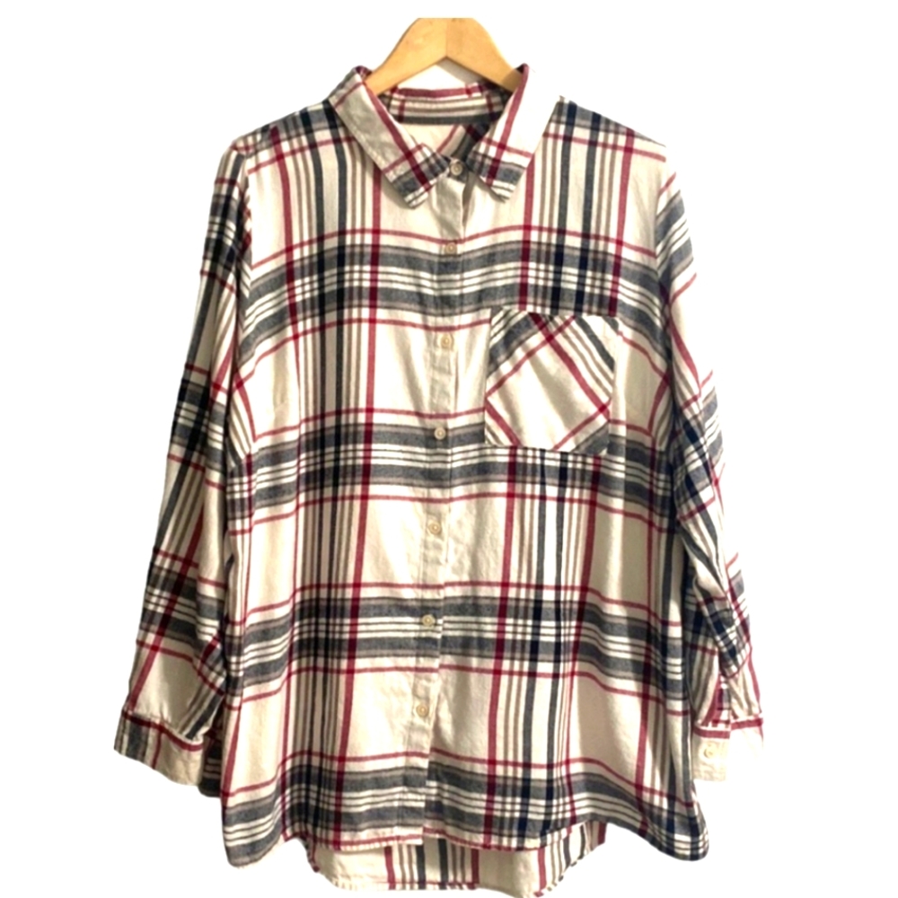 Style & Co Cream Black Red Cotton Flannel Long Roll Tab Sleeve Women Size 2X